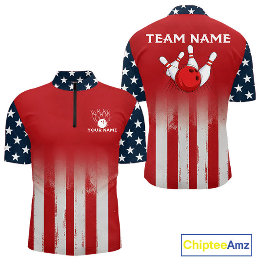 Custom American Flag Bowling Men Polo Quarter-Zip Shirts With Team Name, Patriot Bowlers Outfit NYN3184