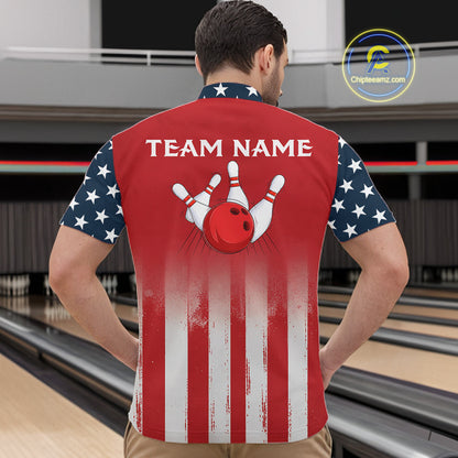Custom American Flag Bowling Men Polo Quarter-Zip Shirts With Team Name, Patriot Bowlers Outfit NYN3184