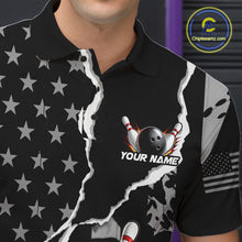 Load image into Gallery viewer, Grunge Black US Flag Strike Bowling Ball &amp; Pins Shirts  For Men Custom Patriot Bowling Team Outfits NYN3186