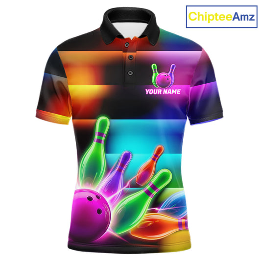 Neon light bowling team shirt for men colorful bowling ball and pins jersey