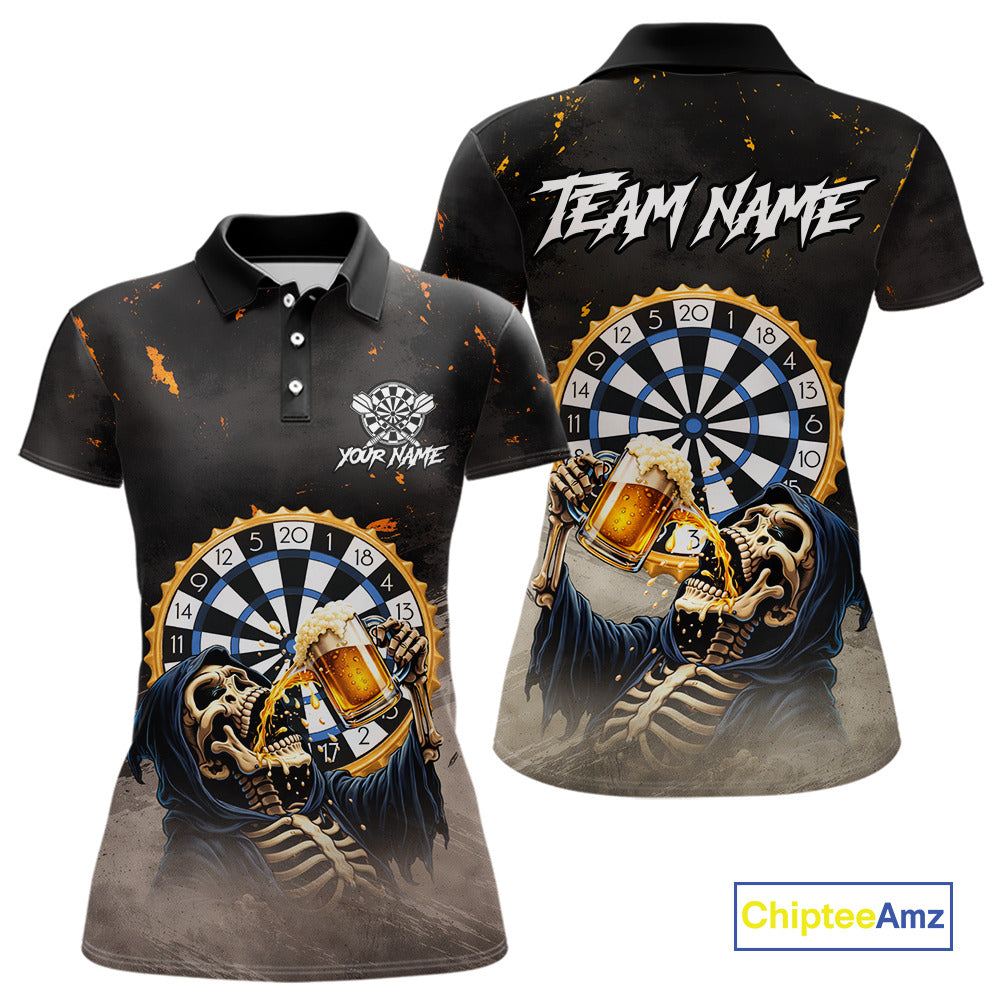 Personalized Funny Grim Reaper Play Darts & Beer Polo & 1/4-Zip Shirts For Women Dart Team Jerseys NYN2815