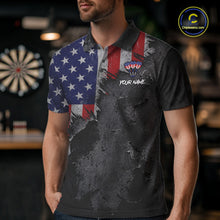 Load image into Gallery viewer, Male model wearing American Flag Eagle Darts Polo, Personalized USA Tournament Apparel
