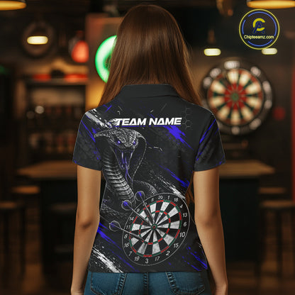 Female model wearing Black Blue Cobra Women's Dart Polo, Custom League Apparel