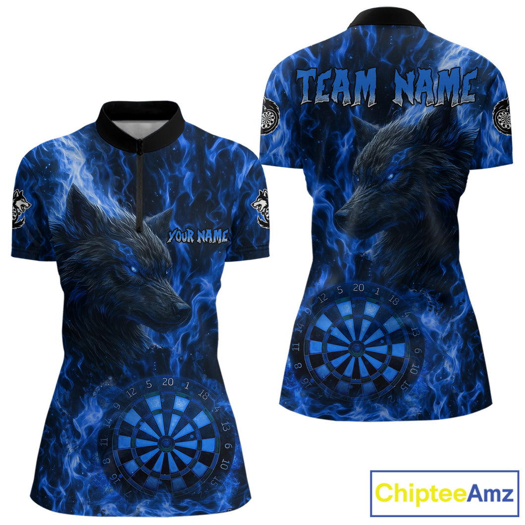 Custom Black Blue Flames Wolf Dartboard Dart Women Quarter-Zip Shirt Outfits Dart Jerseys NYN1617