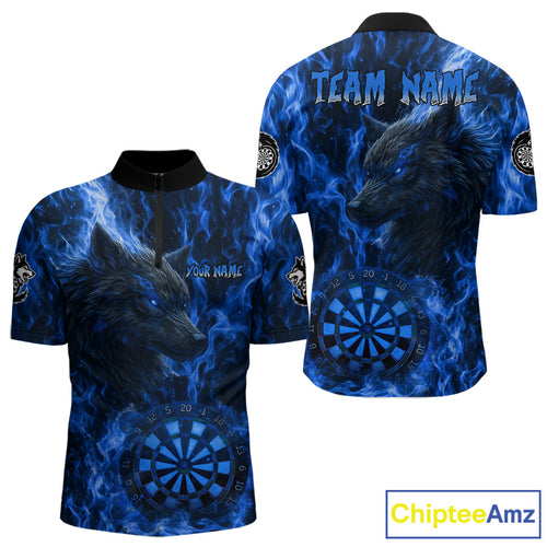 Custom Black Blue Flames Wolf Dartboard Dart Men Quarter-Zip Shirt Outfits Dart Jerseys NYN1617