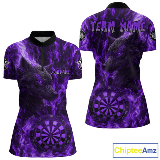 Custom Black Red Flames Wolf Dartboard Dart Women Quarter-Zip Shirt Outfits Dart Jerseys NYN1619