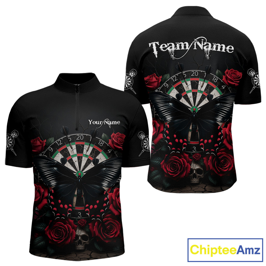 Red Roses Dartboard Butterfly Skull Custom Men Darts Quarter-Zip Shirt Dart Team Jerseys NYN1910