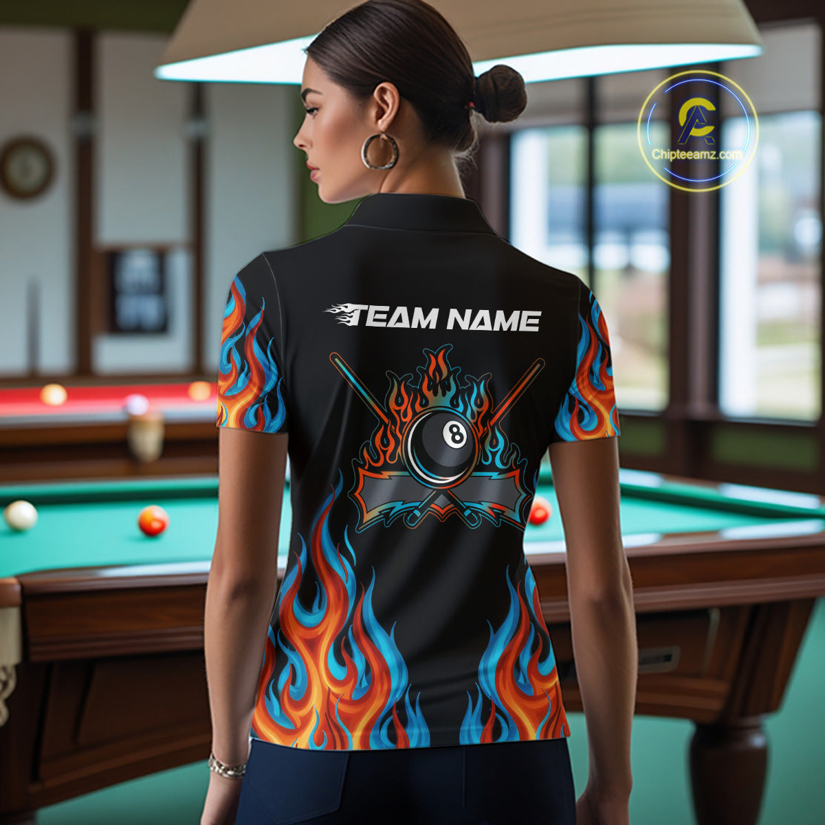 Red And Blue Flames 8 Ball Pool Billiard Team Shirt For Women Custom Billiard Balls Jerseys NYN2441