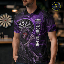 Load image into Gallery viewer, Grunge Purple Grim Reaper Men Darts Polo &amp; 1/4-Zip Shirts Custom Thunder Lightning Darts Team Jersey NYN3037