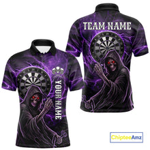 Load image into Gallery viewer, Grunge Purple Grim Reaper Men Darts Polo &amp; 1/4-Zip Shirts Custom Thunder Lightning Darts Team Jersey NYN3037