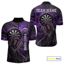 Load image into Gallery viewer, Grunge Purple Grim Reaper Men Darts Polo &amp; 1/4-Zip Shirts Custom Thunder Lightning Darts Team Jersey NYN3037