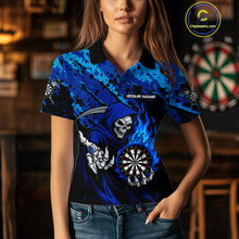 Load image into Gallery viewer, Custom Grim Reaper Blue Flames Dartboard Dart Women Polo Shirt Splatter Grunge Dart Jerseys NYN1631