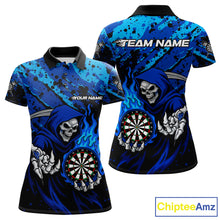 Load image into Gallery viewer, Custom Grim Reaper Blue Flames Dartboard Dart Women Polo Shirt Splatter Grunge Dart Jerseys NYN1631