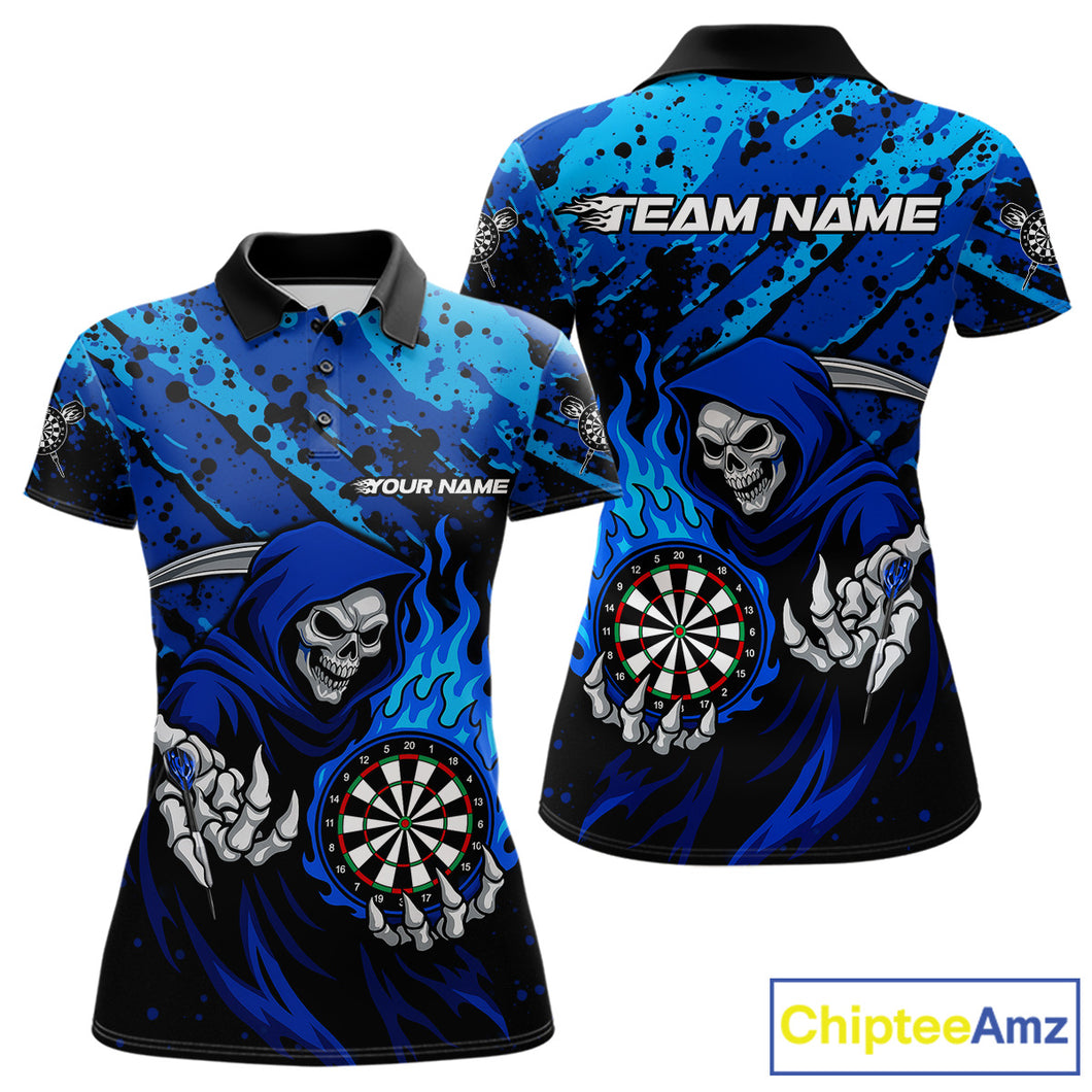 Custom Grim Reaper Blue Flames Dartboard Dart Women Polo Shirt Splatter Grunge Dart Jerseys NYN1631