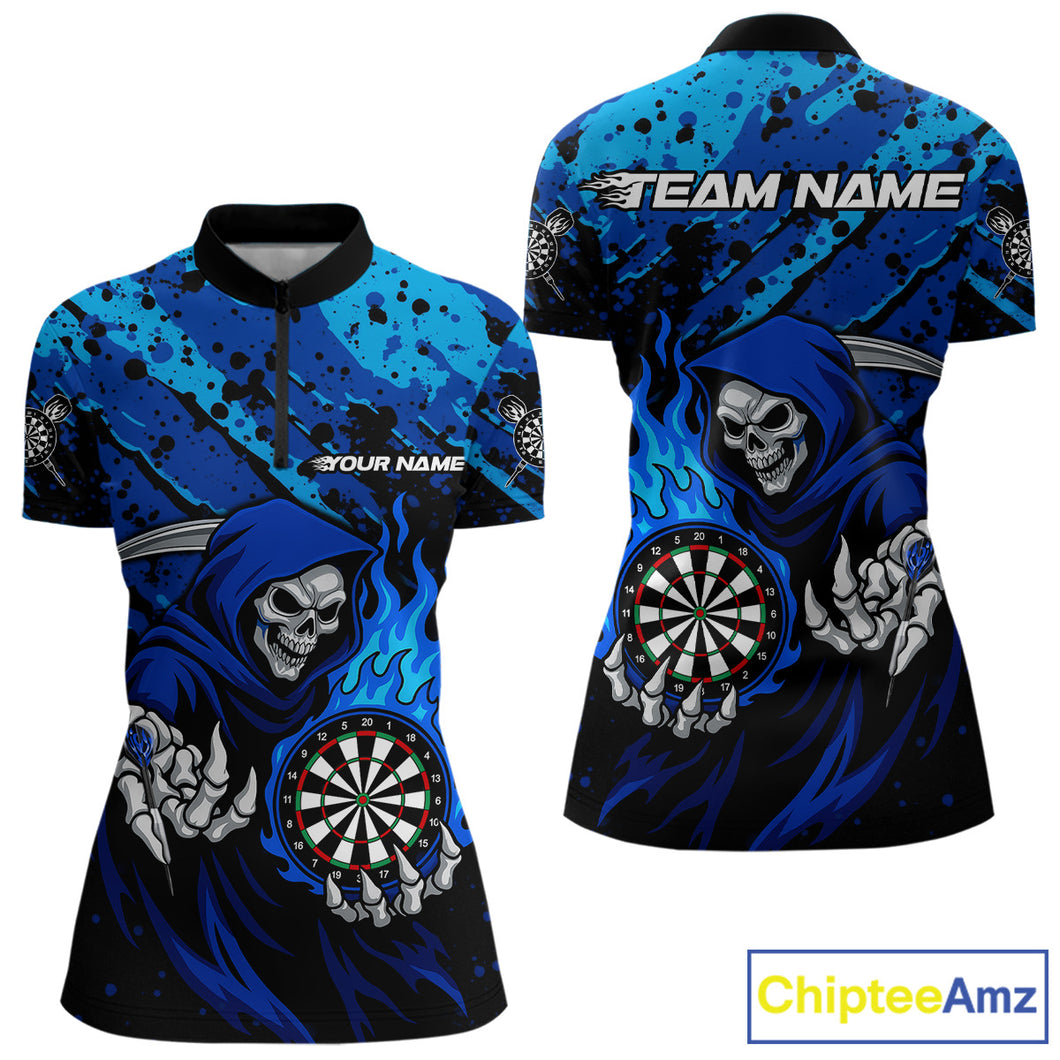 Custom Grim Reaper Blue Flames Dartboard Dart Women 1/4-Zip Shirt Splatter Grunge Dart Jerseys NYN1631