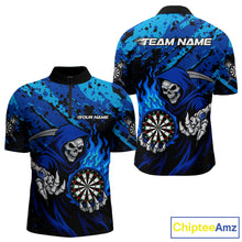 Load image into Gallery viewer, Custom Grim Reaper Blue Flames Dartboard Dart Men Polo Shirt Splatter Grunge Dart Jerseys NYN1631