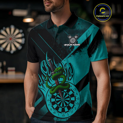 Custom Green Cobra Flames Dartboard Turquoise Grunge Dart Men Polo Jerseys Dart Shirt Gifts NYN1644