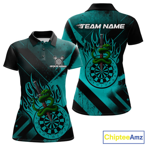 Custom Green Cobra Flames Dartboard Turquoise Grunge Dart Women Polo Jerseys Dart Shirt Gifts NYN1644