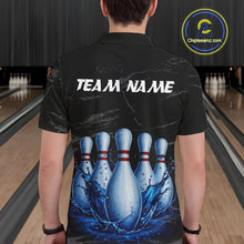 Load image into Gallery viewer, Male model wearing blue splatter bowling pin shirt custom bowling team jersey for league bowlers