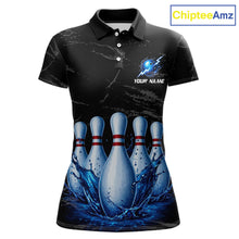 Load image into Gallery viewer, Women's blue splatter bowling pin polo shirt mockup custom grunge bowling team jersey bowling apparel