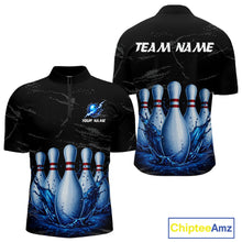 Load image into Gallery viewer, Men's blue splatter bowling pin quarter zip shirt mockup custom grunge bowling team jersey bowling apparel