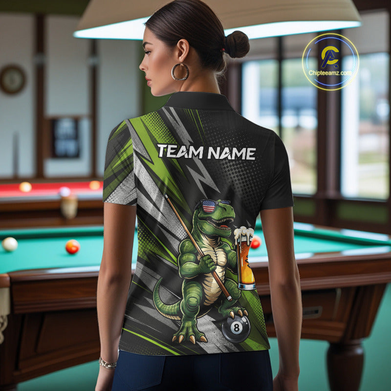 Female model wearing Funny Dinosaur billiard polo featuring personalized 8 Ball tournament jersey, playful beer-themed cue sports apparel, recreational league clothing, humorous athletic performance wear