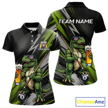 Load image into Gallery viewer, Green Funny Dinosaur women's billiard polo featuring beer-drinking dinosaur mascot, personalized 8 Ball pool league jersey, APA tournament apparel, humorous cue sports performance shirt, custom athletic billiard team uniform
