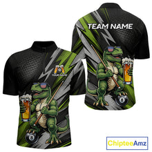 Load image into Gallery viewer, Green Funny Dinosaur men's quarter-zip billiard jersey featuring funny beer dinosaur artwork, personalized championship pool apparel, cue sports performance shirt, lightweight athletic tournament jersey