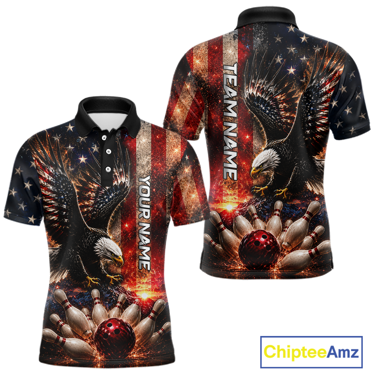 Man wearing Customized Thunder US Flag Eagle Bowling Polo Shirt featuring patriotic eagle artwork, personalized bowling team jersey, breathable athletic polo, custom bowling apparel, league uniform, USA flag sports shirt, veteran-inspired bowling clothing, Independence Day bowling outfit.