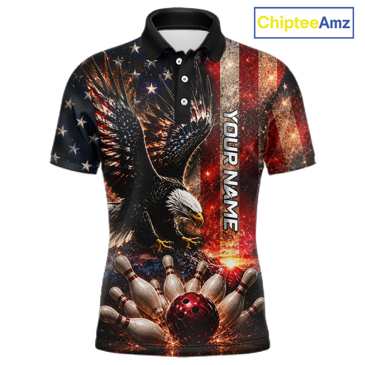 Man wearing Customized Thunder US Flag Eagle Bowling Polo Shirt featuring patriotic eagle artwork, personalized bowling team jersey, breathable athletic polo, custom bowling apparel, league uniform, USA flag sports shirt, veteran-inspired bowling clothing, Independence Day bowling outfit.