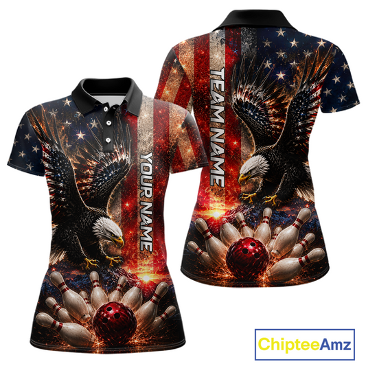 Woman wearing Customized Thunder US Flag Eagle Bowling Polo Shirt featuring patriotic American eagle, lightning graphics, personalized team name, moisture-wicking performance polo, USA bowling league apparel, custom bowling jersey, Fourth of July outfit, bowling tournament uniform, patriotic sportswear, eagle lover gift, American pride apparel.