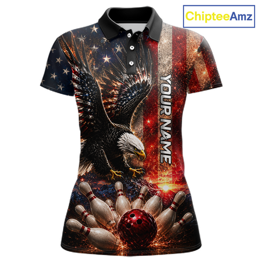 Woman wearing Customized Thunder US Flag Eagle Bowling Polo Shirt featuring patriotic American eagle, lightning graphics, personalized team name, moisture-wicking performance polo, USA bowling league apparel, custom bowling jersey, Fourth of July outfit, bowling tournament uniform, patriotic sportswear, eagle lover gift, American pride apparel.