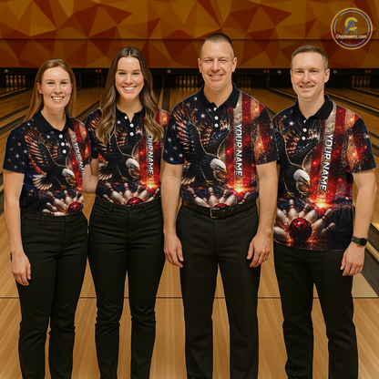 Mixed bowling team wearing matching Thunder US Flag Eagle bowling jerseys, custom names, patriotic eagle graphics, American flag design, tournament champions, league bowling apparel, military appreciation, veteran support, Independence Day team uniforms, corporate bowling event apparel.
