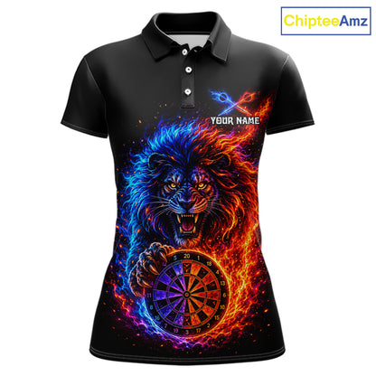Red And Blue Flame Lion Darts Polo Quarter-Zip Shirts For Women Custom Fire Lion Darts Team Jersey NYN4068