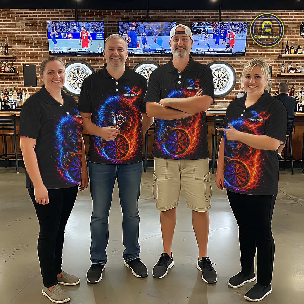 Red And Blue Flame Lion Darts Polo Quarter-Zip Shirts For Women Custom Fire Lion Darts Team Jersey NYN4068