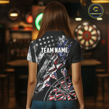 Load image into Gallery viewer, Female dart player wearing personalized Smoke US Flag patriotic dart jersey during dart tournament competition