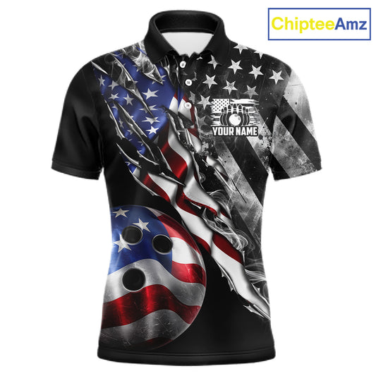 Personalized Smoke US Flag men's bowling polo shirt custom patriotic bowling team uniform, personalized bowling jersey, men's bowling league apparel, tournament bowling shirt
