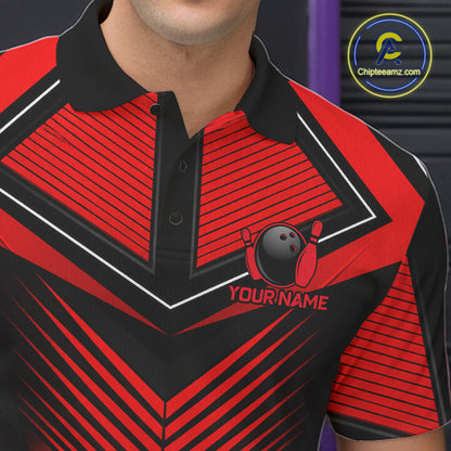 Mens Polo Quarter-Zip Bowling Shirts Custom Black & Red Strikes Bowling Team Jersey, Gift For Bowlers NYN3786