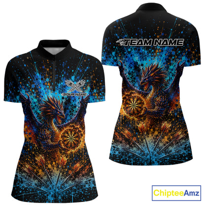 Blue And Orange Splatter Dragon Darts Polo Quarter-Zip Shirts For Women Custom Darts Team Jersey NYN4085