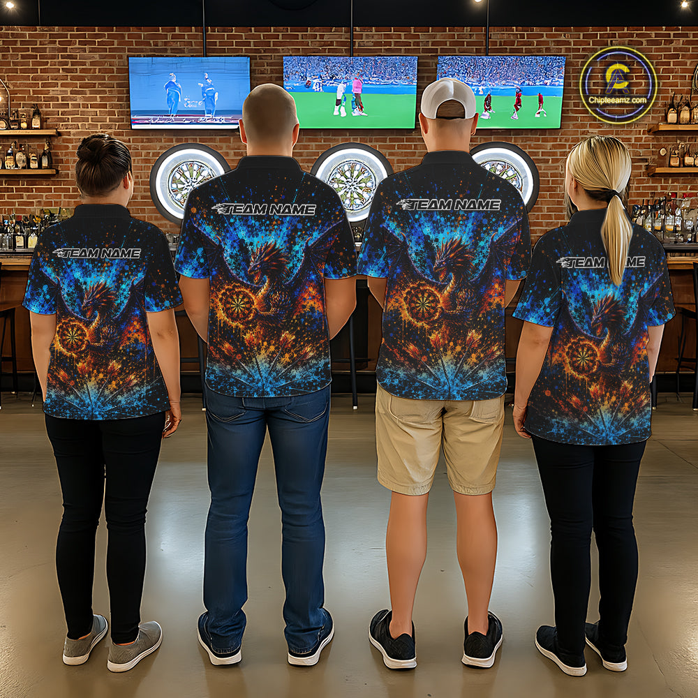 Blue And Orange Splatter Dragon Darts Polo Quarter-Zip Shirts For Women Custom Darts Team Jersey NYN4085