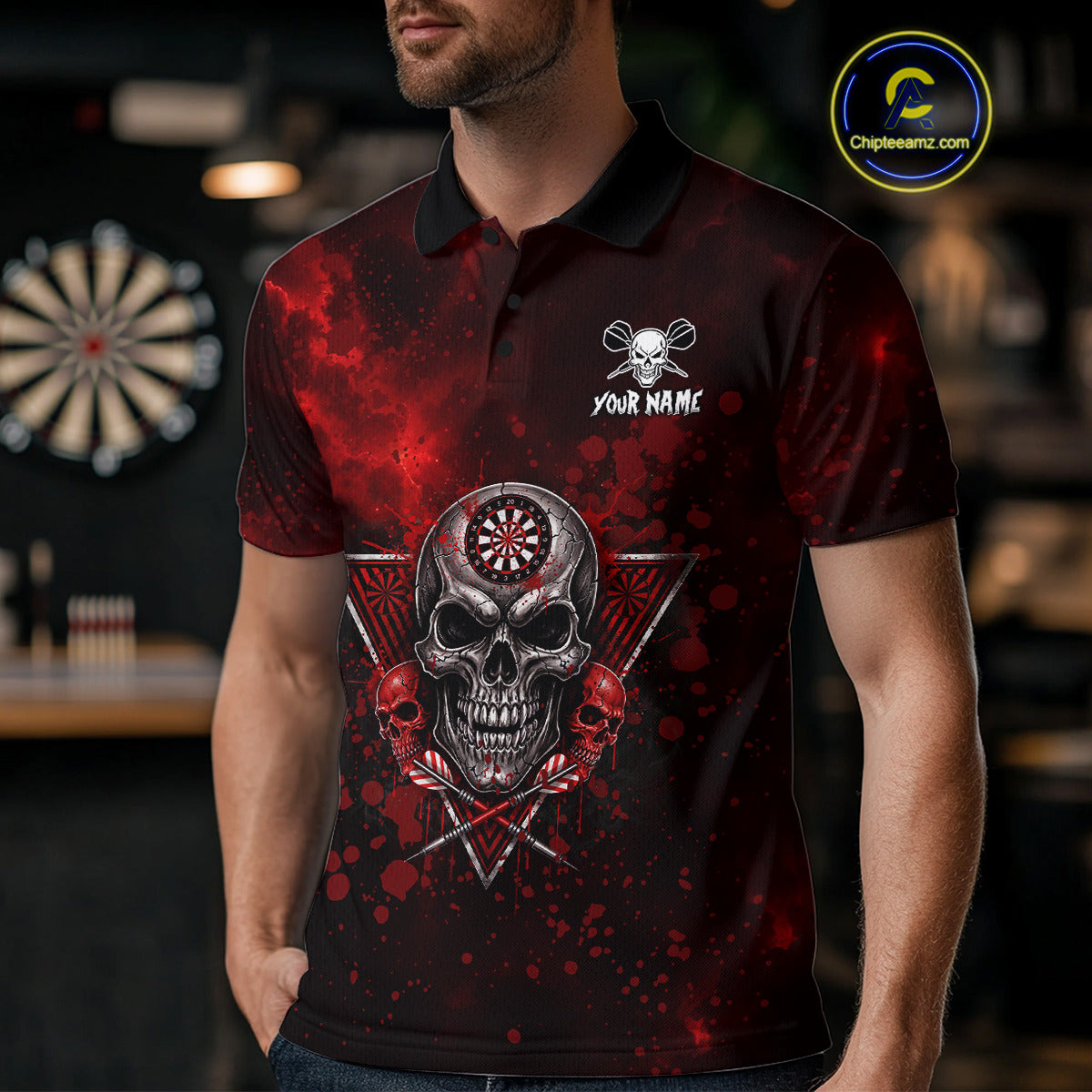 Custom Red Splatter Multi-Skull Men Darts Arrow Polo League Shirts Dart Team Jerseys NYN2200