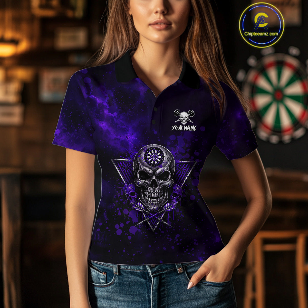 Custom Purple Splatter Multi-Skull Women Darts Arrow Polo League Shirts Dart Team Jerseys NYN2202