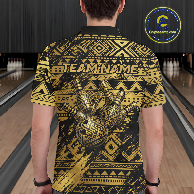 Male bowler wearing Gold Tribal bowling polo with tribal warrior graphics, island culture inspiration, personalized league jersey, competitive bowling apparel, leadership and strength symbolism.
