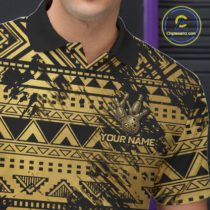 Male bowler wearing Gold Tribal bowling polo with tribal warrior graphics, island culture inspiration, personalized league jersey, competitive bowling apparel, leadership and strength symbolism.