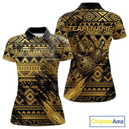 Custom Grunge Gold Tribal Bowling Polo featuring bold Polynesian tribal patterns, personalized bowling team name, moisture-wicking performance fabric, custom bowling league apparel, tournament-ready polo, Hawaiian-inspired sportswear, tribal heritage, warrior symbolism, athletic lifestyle, Father's Day gift, custom bowling team uniform.