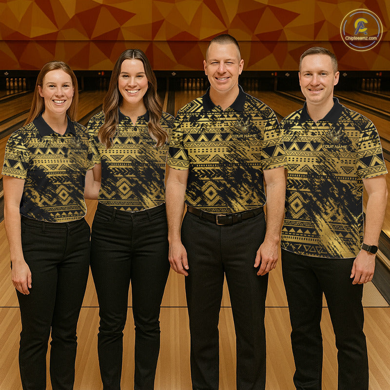 Professional bowling team wearing matching Gold Tribal jerseys with personalized names, Polynesian-inspired uniforms, league champions, Hawaiian sportswear, teamwork, unity, warrior tradition, corporate bowling event, championship apparel.