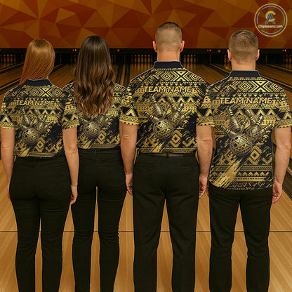 Professional bowling team wearing matching Gold Tribal jerseys with personalized names, Polynesian-inspired uniforms, league champions, Hawaiian sportswear, teamwork, unity, warrior tradition, corporate bowling event, championship apparel.