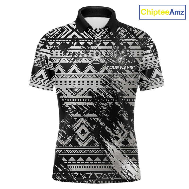 Custom Grunge Silver Tribal Bowling Polo with personalized bowling team graphics, silver tribal artwork, moisture-wicking performance polo, custom bowling apparel, warrior-inspired athletic clothing.
