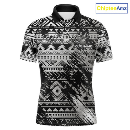 Custom Grunge Silver Tribal Bowling Polo with personalized bowling team graphics, silver tribal artwork, moisture-wicking performance polo, custom bowling apparel, warrior-inspired athletic clothing.