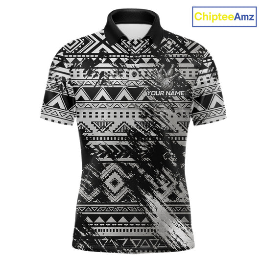 Custom Grunge Silver Tribal Bowling Polo with personalized bowling team graphics, silver tribal artwork, moisture-wicking performance polo, custom bowling apparel, warrior-inspired athletic clothing.